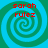 Four identical spiral patterns with alternating blue and green rings, each containing red text reading 'sarah rulez' in a pixelated font.