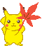 Pixelated yellow Pokémon character with brown-tipped ears holds red maple leaf prop, standing against gray background.