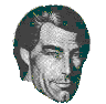 A circular animated sequence showing a face transitioning into swirling patterns with grayscale tones and dark outlines.