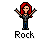 Pixel art of a red-haired figure with arms raised, wearing gray top and blue pants, standing above the word "Rock" on light gray background.