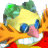 Pixelated cartoon character with yellow face, blue eyes, pink tongue, green hair, orange arms, and red lower body against gray background.