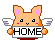 Pixel art of a light brown hamster with pink inner ears and white wings holding a sign that reads "HOME" against a gray background.