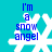 A turquoise background features four white snowflake shapes with blue text reading "I'm a snow angel" in pixelated font, arranged in two of two