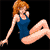 Pixelated image of a woman with red hair wearing a blue sleeveless dress, seated with one leg bent and the other extended, holding a small object near her face.