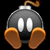 Animated cartoon bomb with white oval eyes, brown feet, and a curved fuse on top against black background.