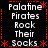 Black background with red dotted border and asterisks, white pixelated text repeating 'Palatine Pirates Rock Their Socks' in four quadrants.