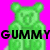 Green gummy bear icon with pixelated text "GUMMY BEAR" on bright pink background, showing two distinct states of text visibility.