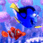 Animated scene with blue fish and orange clownfish swimming in water, accompanied by cyan text on pink backgrounds.