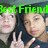 Two people pose together with a green 'Best Friends' text overlay, one making a peace sign against a blurred background.