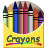Pixelated image of a yellow crayon box containing ten colored crayons with visible text reading 'Crayons' below the box.