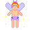 Pixelated character with orange hair, green eyes, and purple wings stands against gray background with scattered yellow and white dots.