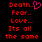 Red pixelated text on black background with a pink heart symbol replacing the period after 'Death.' in the left