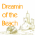 repeated 'Dreamin of the Beach' text and beach scene icons with alternating yellow highlights on different words