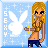 Pixel art contact sheet of two animated frames showing a cartoon woman with long blonde hair, sunglasses, and a crop top against a blue starry background with 'SEXY' text and Playboy bunny logo.