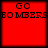 Four identical red square with black text reading "GO BOMBERS" in pixelated font, arranged in a on a solid background