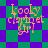 Pixelated text 'kooky clarinet girl' in orange-brown letters on a purple and green checkered background with diamond-shaped patterns.