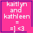 Four identical pink square display white text 'kaitlyn and kathleen = :] <3' with a blue border; one includes a purple heart symbol