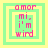 Pixelated text 'amor mi i'm wind' in pink within nested yellow and green squares on a light yellow background.