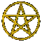 Golden pentagram symbols in circular and oval frames, transitioning through various sizes and aspect ratios on a gray background.