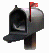 Gray mailbox with red flag, open door showing dark interior; three views display different angles and background patterns.