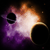 A pixelated celestial scene shows a bright white star with orange and yellow flares, two black circular objects, and purple nebula-like clouds against a black background.