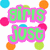 Green text with pink outlines spelling 'girls wanna just have fun!!' on white background surrounded by scattered multicolored dots.