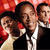 Three people in formal attire stand side-by-side against a red patterned background with visible pixelation.
