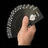 A pixelated hand with a light skin tone points upward at the center of a dark circular object against a black background.