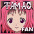 Pixelated image of a character with pink hair, large purple eyes, and white text reading "TAMAO" above and "FAN" below.