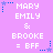 Pixelated text on a purple background with blue star accents, showing names and "= BFF" in white block letters.