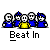 Animated contact sheet of a pixel art buddy icon showing sequential frames of characters reacting with explosions and speech bubbles, labeled "Beat In" under each frame.