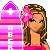 A 4x4 contact sheet of a pixel-art animated icon featuring a cartoon girl with pink flower in hair, various text banners, and repeated 'Alyssa' text on bright pink background.