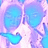 Pixelated abstract composition of overlapping blue and purple shapes with a central white starburst effect on a light pink background.