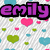 Pixelated text labels 'emily', 'bri', and 'vic' in purple with black outlines over a heart-patterned background.