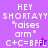 Pixelated text on purple background with animated star effect; four identical display 'HEY SHORTAYY 'raises arm' C+C=BFFL'