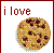 Pixelated image with red text 'i love' above a chocolate chip cookie on white background, bordered by red and black checkered frame.