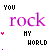 pixelated text icons displaying 'YOU rock MY WORLD' in various colors with animated heart and X symbols