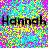 A static 48x48 pixel buddy icon featuring the name "Hannah" in bold black text over a vibrant, multicolored pixelated background with cyan, magenta, yellow, and green squares.