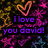 Animated icon with 'I love you david!' text over heart motifs in varying color schemes and backgrounds.