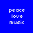Blue background with white pixelated text 'peace love music' arranged in three , with light blue horizontal bars shifting positions across frames