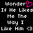 Pixelated text displays 'Wonder' with a pink heart replacing the 'o', followed by 'If He Likes Me The Way I Like Him <3' in white on black background.