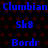 A static digital image displays repeating blue text and red star patterns on a black background with a gray corner overlay.