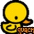 Pixelated yellow duck with black outline, single eye, orange beak, and curled tail; partial text 'quack' in brown-orange font below.