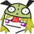 Green cartoon creature with large white eyes, black pupils, and two black antennae, wearing a white shirt with purple and red shapes, yellow hair, and a red tongue sticking out.