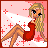 Animated sequence of a blonde woman in red dress reclining on pink background with white and red patterns, transitioning from full figure to small icon size.