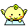 Pixelated character with yellow body, green spiral hair, and red cheeks holds a gray object while standing on light blue base.