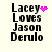 Pixelated text reads 'Lacey Loves Jason Derulo' with a pink heart and pink pixel cluster animation on a light background.