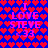 Pixelated icon with blue background filled by red heart pattern, displaying pink text "I LOVE STEVE <33" in two identical vertical sections.