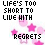 Animated icon with repeated text 'LIFE'S TOO SHORT TO LIVE WITH' and 'REGRETS', pink stars, and changing punctuation across frames.