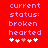 Red background with pink pixelated text reading 'current status: broken hearted' and five white plus signs below, one of which is light red.